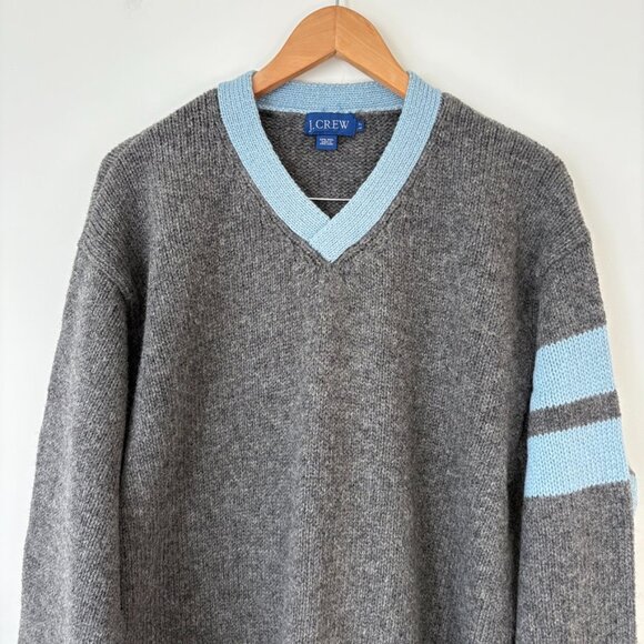 J. Crew Vintage 90s Mens Wool Sweater LT Gray Blue Trim Striped Sleeve Hong Kong - Picture 3 of 7